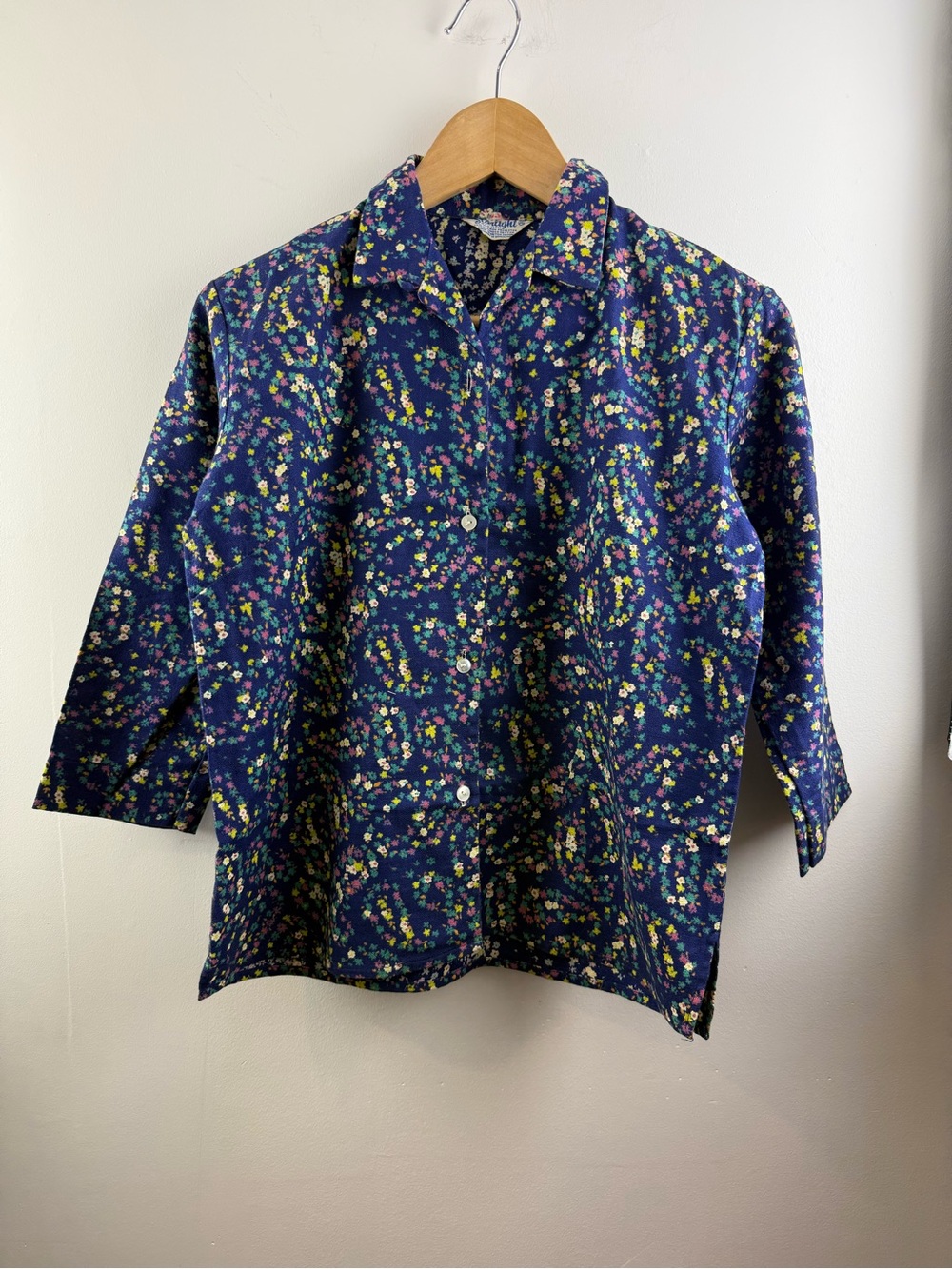 Starlight Vintage 70s Ditsy Floral Blouse Blue Tetoron Cotton Size 38 S/M